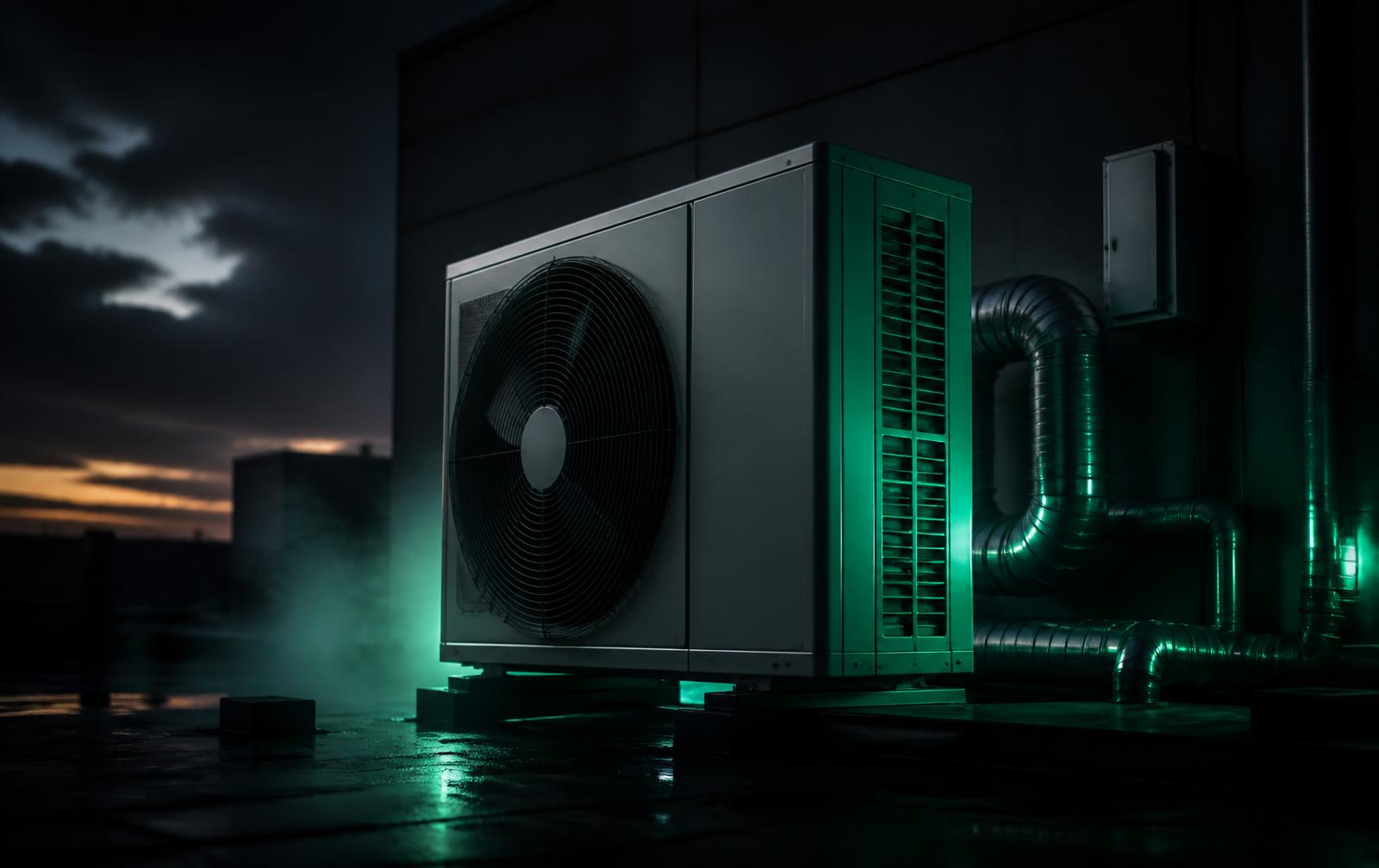 Air conditioning condenser unit on a rooftop at dusk